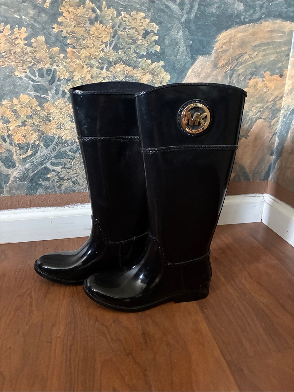 Michael Kors Black Patent Tall Rain Boots with Gold MK Badge